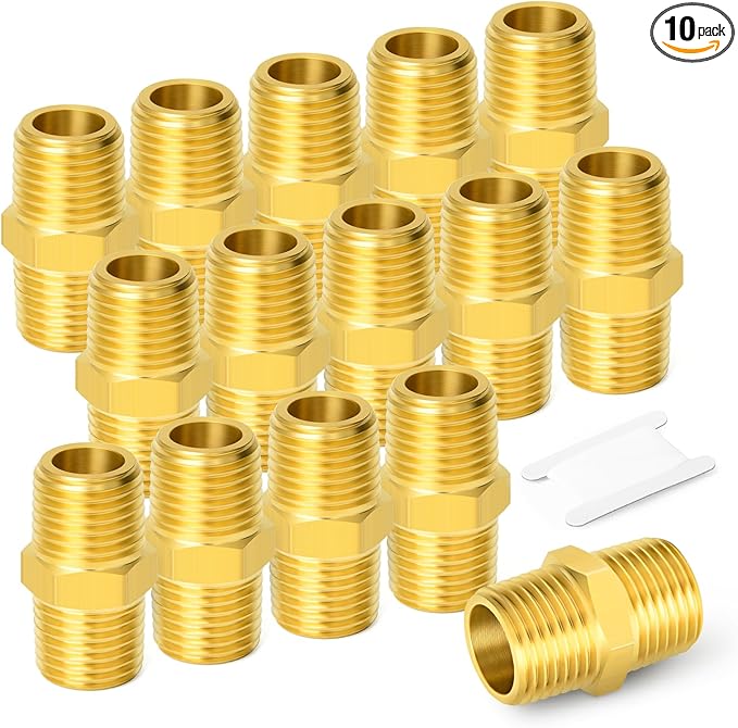 GASHER 10PCS Brass Pipe Fitting, Reducing Hex Nipple, 1/4-Inch Male Pipe x 1/4-Inch Male Pipe