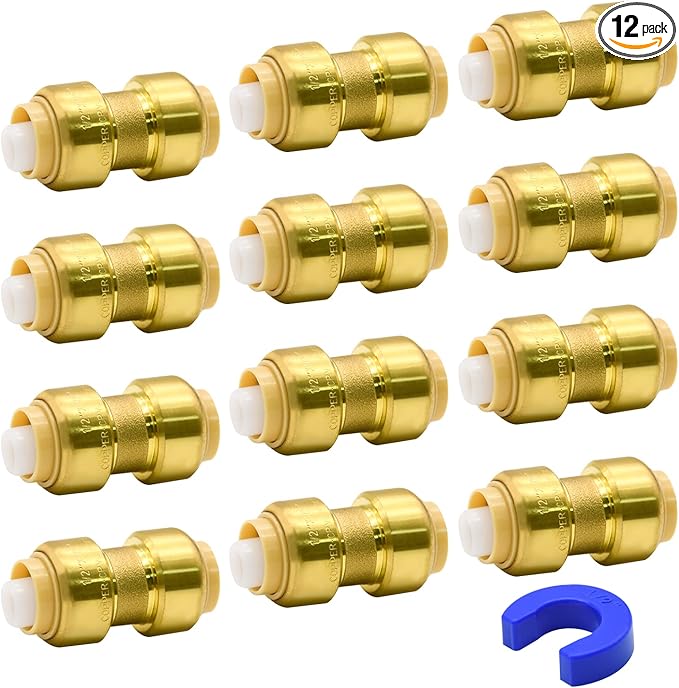 12 Pack 1/2” Push-to-Connect Plumbing Fittings, Pushfit Straight Coupling Plumbing Fittings with Disconnect Clip for Copper, PEX, CPVC Pipe