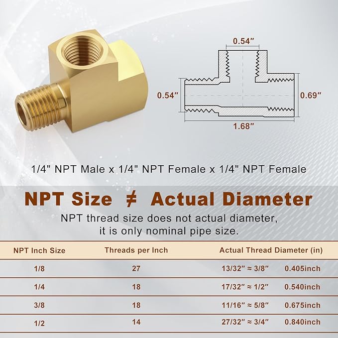2pcs 1/4" Brass Tee Fittings 1/4" NPT Female Pipe to 1/4" NPT Male to 1/4" NPT Female Brass Barstock Street Tee Pipe Fittings 3 Way for Joining Pipe