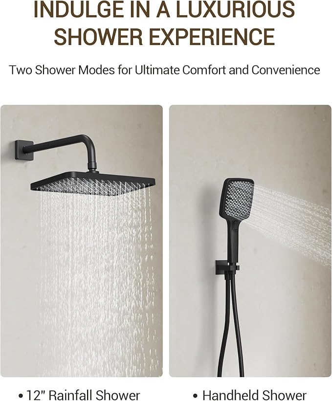 Upgraded Shower System for Bathroom: Aposhion 12 Inch Square Rainfall Shower Faucet Set Rough-in Pressure-balanced Valve with Handheld Sprayer, Wall Mounted Luxury Rain Shower Faucet Kit Complete