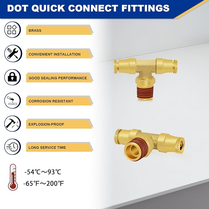 1/4" DOT Air Line Quick Connect Fittings, 3PCS Brass Push to Connect Fittings 1/4" Tube OD × 1/4" NPT Tee Union to Male Pipe Swivel for Truck Trailers Air Brake System