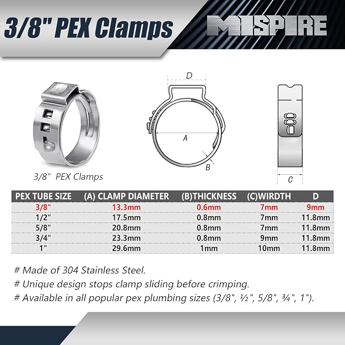 25 PCS 3/8 inch PEX Pipe Clamps, MISPIRE PEX Cinch Clamps Stainless Steel 304 Pinch Clamps for PEX Pipe Tubing Fitting Connections, Sliver