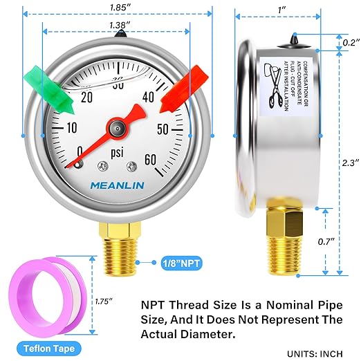 MEANLIN MEASURE 0~60Psi Pressure Gauge, Glycerin Filled 1/8" NPT 1.5" FACE DIAL, Stainless Steel Liquid Filled Pressure Gauge WOG Water Oil Air Lower Mount (with 2PCS Snaps)