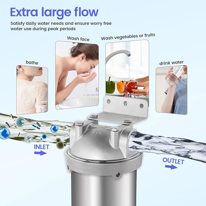 Amwater NSF/ANSI 42 Stainless Steel Whole House Water Filter Housing, 10" x 2.5" Sediment Water Filter System for Heavy Duty, Well & City Water, 1/2" NPT Port, Drain Valve Style A