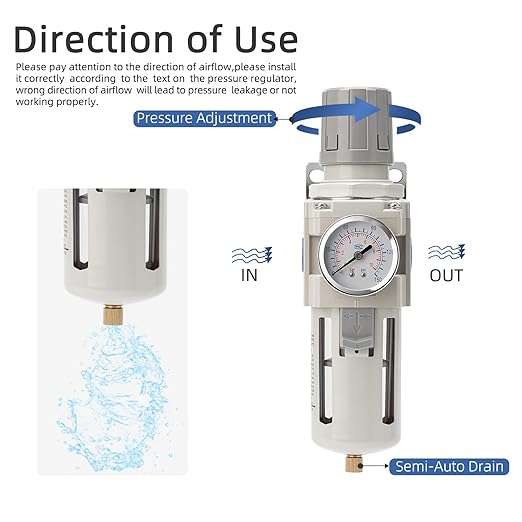 Industrial Air Compressor Filter Regulator Combo 3/8" NPT 0-150 PSI w/Semi-Auto Drain,5 Micron Water Separator for Pneumatic Tools
