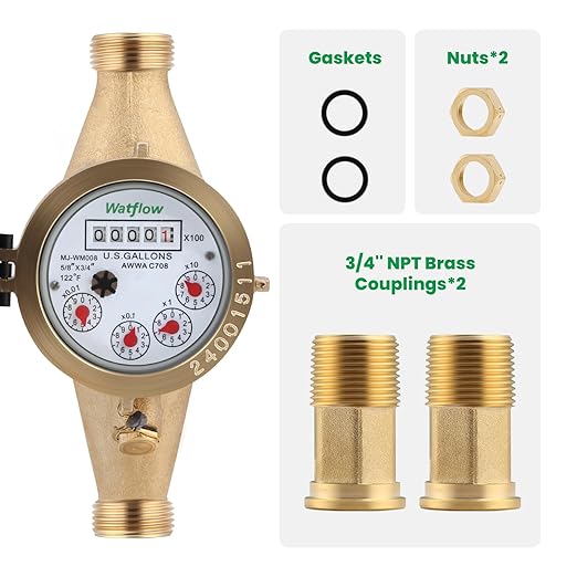 Watflow DN20 Water Meter 3/4" NPT, AWWA 708 Certification Gallon Water Flow Meter, Cold Water Meter for Garden/Home/Apartment, Horizontal Install.
