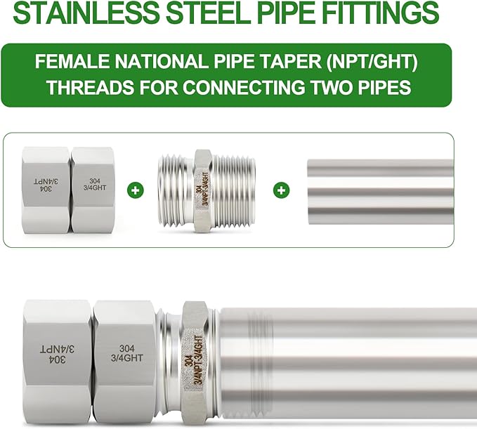TAISHER 1PCS 304 Stainless Steel Garden Hose Adapter, 3/4" GHT Female x 3/4" NPT Female Garden Hose Connector with Washers
