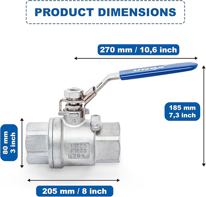 UNOX 3" NPT Full Port Ball Valve Two-Piece Body Design, Female Stainless Steel AISI304 Heavy Duty for Water Oil Gas Valve - 1000WOG Steam Ball Valve with Blue Locking Handles