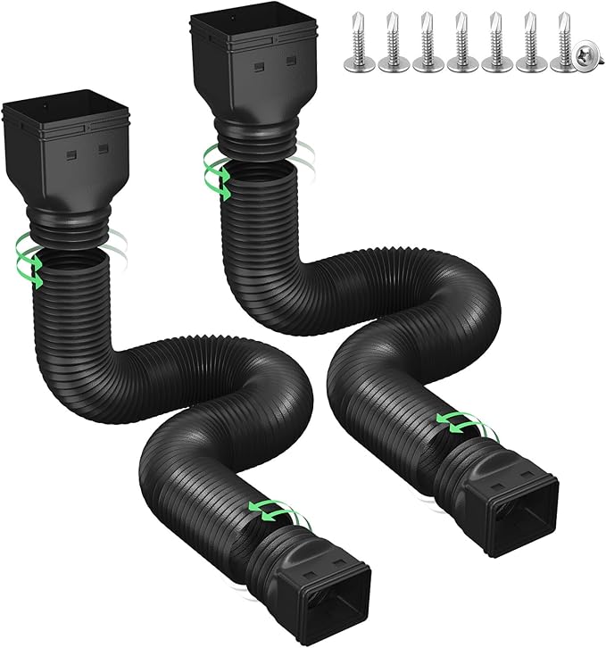 Rain Gutter Downspout Extensions, Downspout Extender for Rainwater Drainage Flexible, Down Spout Drain Extension Pipe and Extendable from 21 to 66 Inches (2 Pack, Black)
