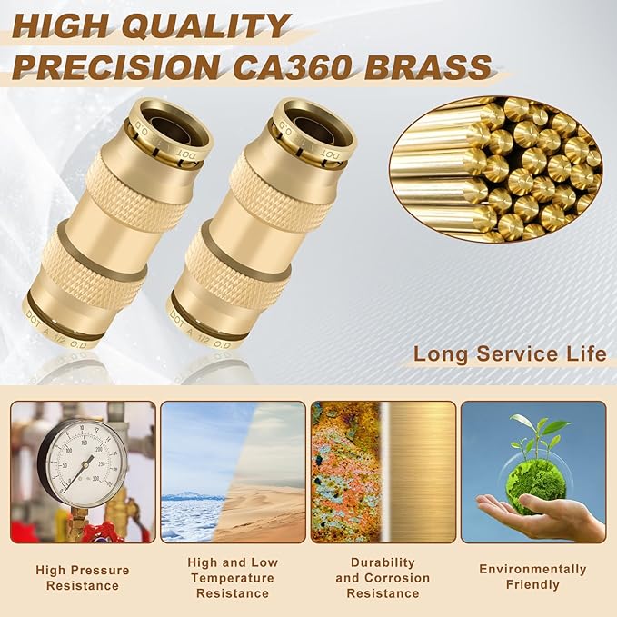 1/2" Quick Push to Connect Fittings Brass Union Straight Joint DOT Approved 1/2 inch tube OD Air Line Adapter Air Spring Suspension Kit for Car Truck Trailers and Air Brake System 10pcs