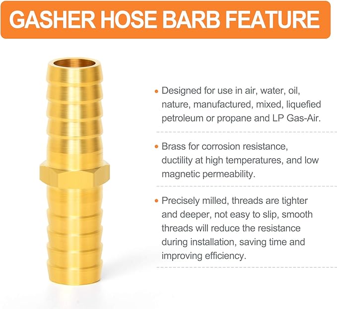 GASHER 10 Pieces Brass Hose Barb Reducer, 5/8 Inch to 5/8 Inch(15.8mm) Barb Hose ID with 20 Hose Clamp, Brass Barb Reducer SPLICER Fitting Fuel/AIR/Water/Oil/Gas/WOG
