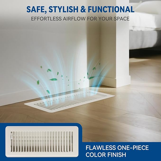 4" x 10" Floor Register Vent Covers 6-Pack, Walkable Powder-Coated Metal Vent Covers with Adjustable Airflow, Curved Safe Edges for Floor/Wall, White