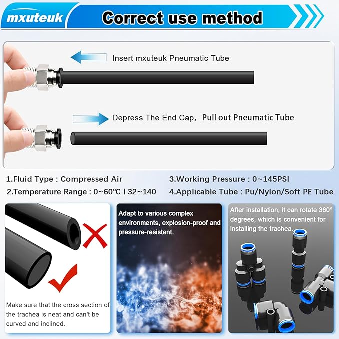 mxuteuk 1/4" Air Line Tubing Kit,1/4" Air Hose Kit,1/4 Inch(6.35mm) OD x 32.8 Feet PU Tube with Push to Connect Fittings(15PCS)
