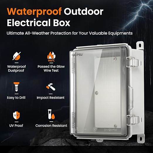 QILIPSU UL94-V0 Outdoor Electrical Box 8.3"x6.3"x3.9" Waterproof Junction Box Weatherproof PC/ABS Alloy Plastic IP66 Project Electric Enclosure Clear Hinged Door