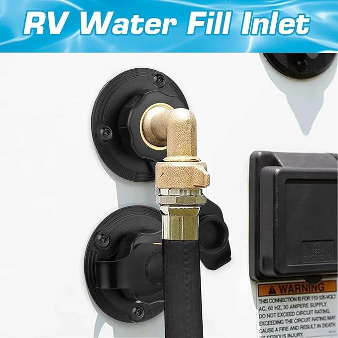 RV City Water Inlet with Brass Check Valve, Fresh Water Fill Flange for Camper Hookup, Durable RV Water Replacement Connection Fittings, Black