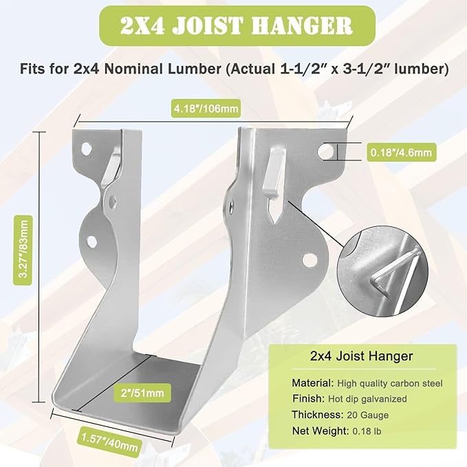 (60PC) 2" X 4" Joist Hanger 18 Gauge Double Shear Face Mount Joist Hangers for Wood, Floor Deck and Ceililng Joists