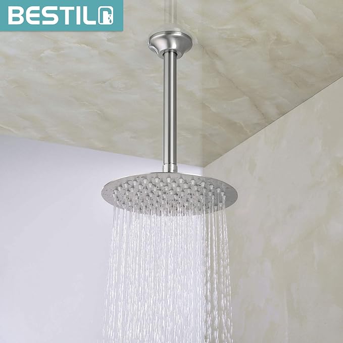 BESTILL 8 Inch Ceiling Mount Rain Shower Head Arm and Flange, Brushed Nickel