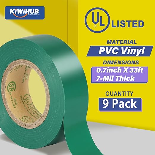 Green Electrical Tape, UL Approved, 9 Pack 0.7in X 33ft, Industrial Grade Vinyl Electrical Insulating Tape, Electric Tape for Improvement Electrical Equipment