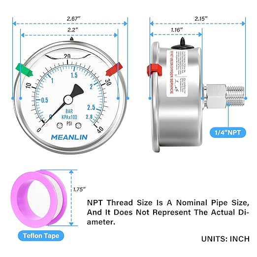 MEANLIN MEASURE 0~40Psi Liquid Filled Pressure Gauge Stainless Steel 2.5" FACE DIAL 1/4" NPT 316 Stainless Steel Joint for Pool Sand Filter Water Oil Air Pressure Test Back Mount, with 2PCS Snaps