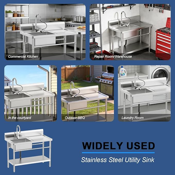 Stainless Steel Utility Sink Freestanding Single Bowl Laundry Sink with 360° Swivel Pull-Out Sprayer Faucet, Hot and Cold Water Plumbing Workbench for Laundry Room Farmhouse