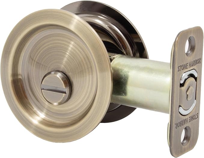 Stone Harbor Hardware Round Pocket Door Lock, Privacy Function, 2-3/8" Backset, Antique Brass