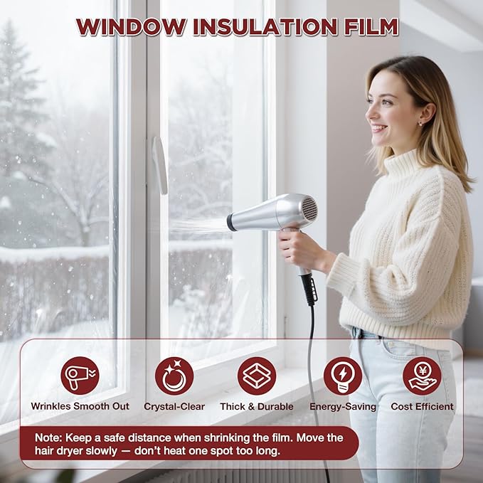Window Insulation Kit – 63" x 394" Rolled Shrink Film with Double-Sided Tape for Up to 10 3' x 5' Windows, Window Plastic for Winterizing, Easy to Install & Energy Saving