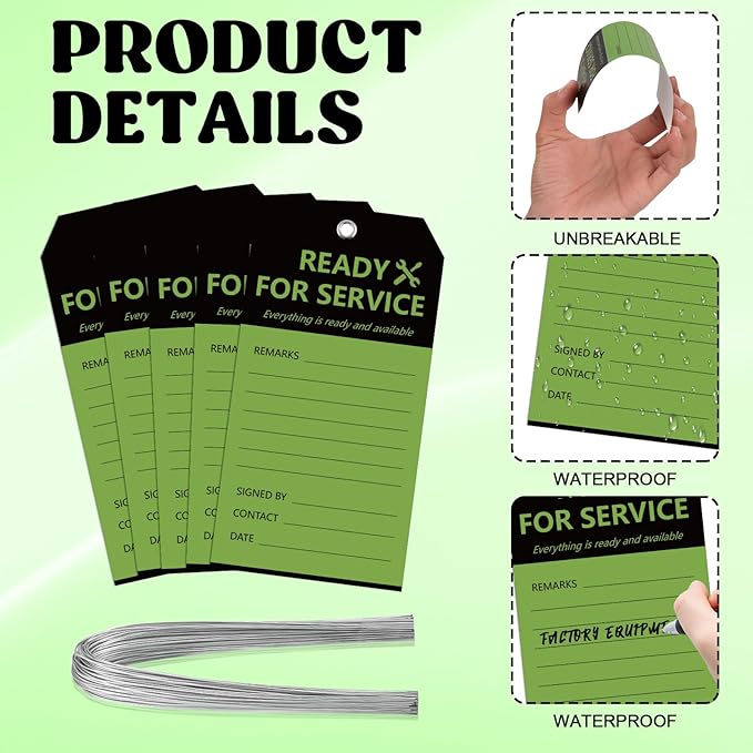 50PCS Ready for Service Tags 3" x 5 3/4" Service Repair Tags with Wire Service Tags for Equipment Black and Green Service Tags for Required Examination Production Status Notice Tags Cardstock