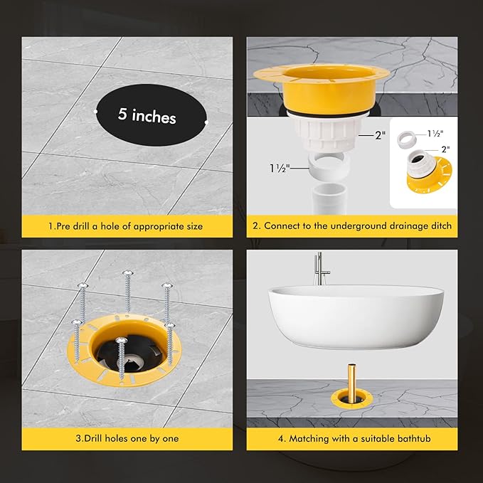 Freestanding Tub Drain Rough-in Kit, Bathtub Drain Kit with PVC Plastic Adapter and Brass Tail Pipes, Compatible for Freestanding Bathtub, Floor Mounted, Copper Bathtub, Yellow