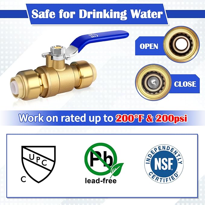Push Fit Ball Valve, 2pcs 3/4 Inch x 3/4 Inch Push-to-Connect Water Shut Off Valve with 1 Disconnect Clip, Brass Plumbing Water Valve, Pex Push Ball Valve, Used for PEX or PVC Tubing or Copper Pipes