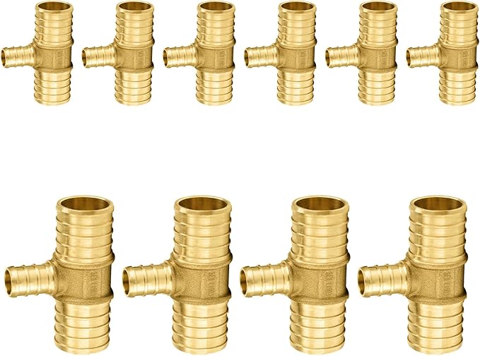 10-Pack PEX Fittings Niikappu 1"x1"x1/2" Pex Tee, Brass Crimp Pipe Fittings for PEX Pipes, ASTM F1807