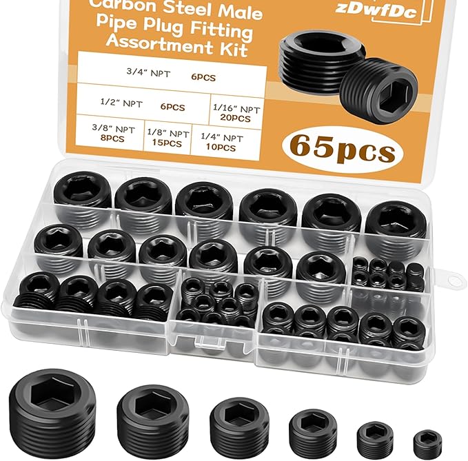 65PCS 6 Size 1/16" 1/8" 1/4" 3/8" 1/2" 3/4" NPT Pipe Fittings, Black Carbon Steel Pipe Plug Socket Set DD032-65