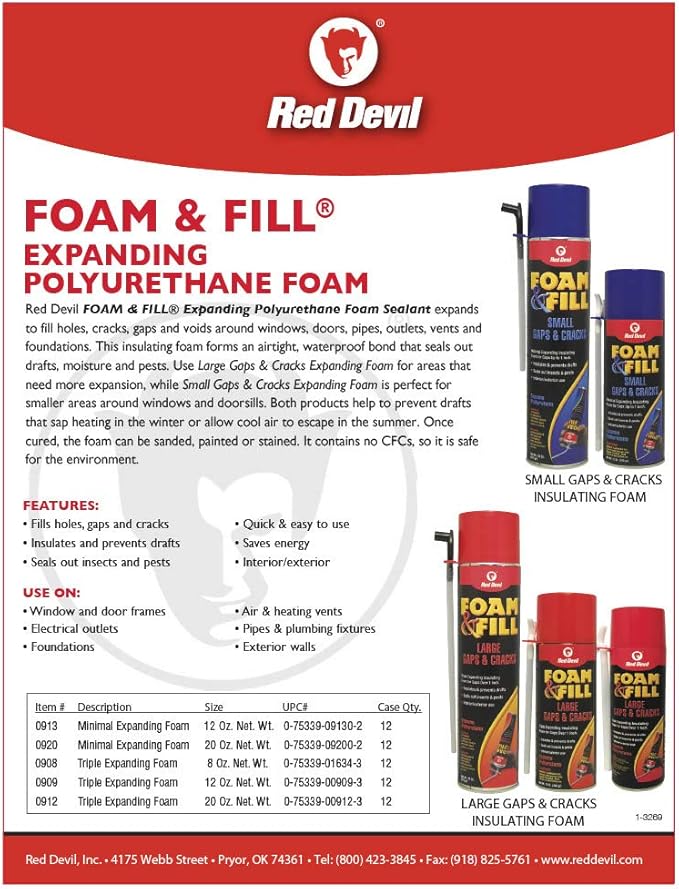 Red Devil 0912 Spray Foam, Fill Large Gaps, Cracks Expanding Insulation Polyurethane Sealant, 20 oz., Off-White, Pack of 1