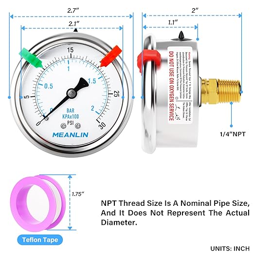 MEANLIN MEASURE 0~30Psi Liquid Filled Pressure Gauge 1/4" NPT 2.5" FACE DIAL Stainless Steel Glycerin Filled WOG Water Oil Air Back Mount (with 2PCS Snaps)