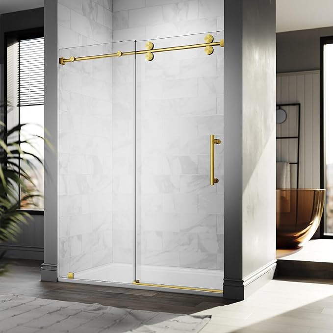56-60 Inch x 84 Inch Sliding Frameless Shower Door, 3/8" Tempered Glass with Easy-Cleaning Coating, Stainless Steel Rollers & SGCC-Certified Stability, Satin Brass