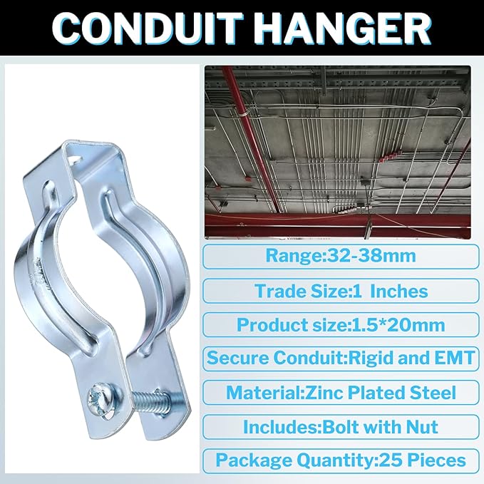 25 Pcs EMT Conduit Hanger with Bolt,Insulated Supports or Threaded Rods,Metal Galvanized Conduit Clamps Strut Straps and Hangers Rigid Pipe Fittings Mounting(1 Inch)