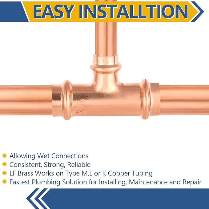 100-Pack GUOFIS Copper Press Tee,3/4" x 3/4"x 1/2" Tee Fittings for Copper Tube Connection with Stop(PRESS018-100Pack)