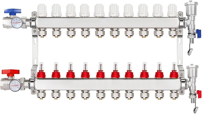 10-Loop Stainless Steel Radiant Heat Manifold, 1/2" PEX Tubing Manifold with 1/2" Adapters, 1" NPT Main Valves, Up to 1.4 GPM Flow Meter for Radiant Floor Heating