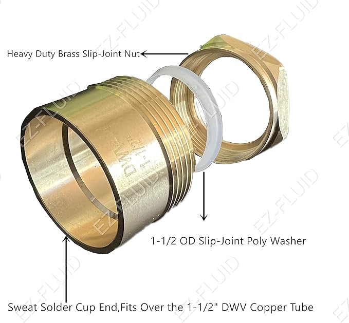 EZ-Fluid (1Pc) 1-1/2" DWV Sweat x Slip-Joint Brass Trap Adapter Drain Fitting,Adapts Copper To Tubular,C x SJ Brass Trap Adapter Solder Fitting,Sweat End Fits Over DWV Copper Tube Pipe