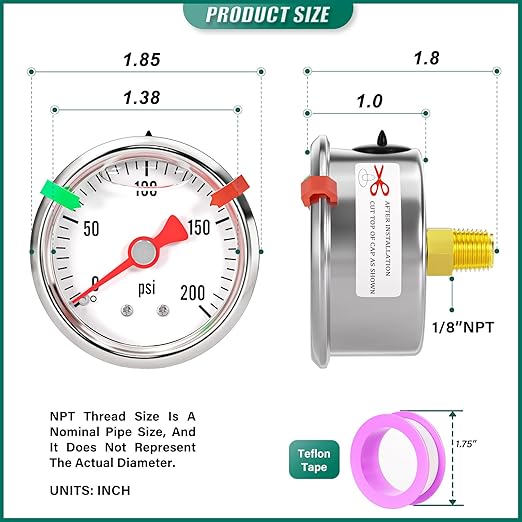 0-200psi Stainless Steel Glycerin Liquid Filled Pressure Gauge 1/8" NPT 1.5" Face Dial, Center Back Mount, for Water, Oil and Air Pressure Testing (with Range Mark Pointer)