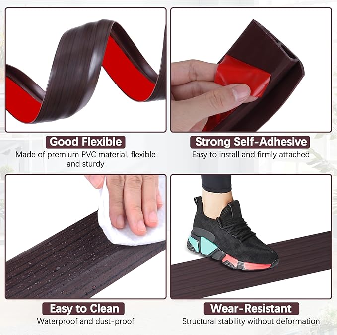 Vinyl Door Threshold Flooring Transition Strip Self Adhesive Carpet Edging Strip for Laminate Doorway Edge Threshold from 3/5" to 4/5" (Black Walnut Wood Grain, 3.3 Ft)