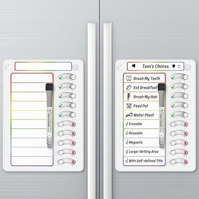 Chore Chart for Kids Dry Erase Chore Board ADHD Tools for Kids to Do List Checklist Task Board Routine Chart Planning Board for Fridge with 10 Sliders and Magnetic Marker, White and Rainbow, 2 Pack