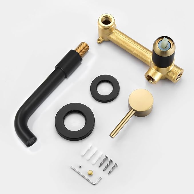 SUMERAIN Wall Mount Bathroom Faucet Black and Gold Wall Mount Faucet for Bathroom Sink, with Two Handles and Rough in Valve