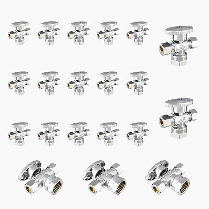20-Pack GUOFIS Angle Stop Valve with Dual Compression Outlet,1/2" Fip Iron Pipe Inlet x (3/8" x 3/8") Outlet Shut-off Valves(1/4 Turn,Chrome)(VALVE369-20Pack)
