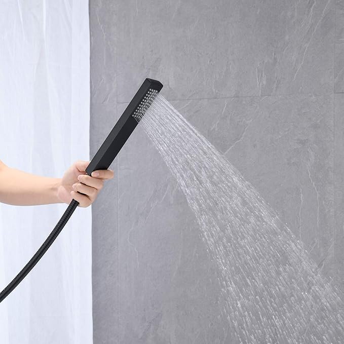 Waterfall Tub Filler Freestanding Bathtub Faucet Black Floor Mount Brass Single Handle Bathroom Faucets with Hand Shower