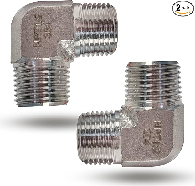 2pcs 90 Degree Street Elbow, 304 Stainless Steel Forged Barstock Street Elbow Adapter, Heavy Duty 1/2" NPT Male x 1/2" NPT Male Pipe Fitting Connector, 5800PSI (1/2" MNPT x 1/2" MNPT)