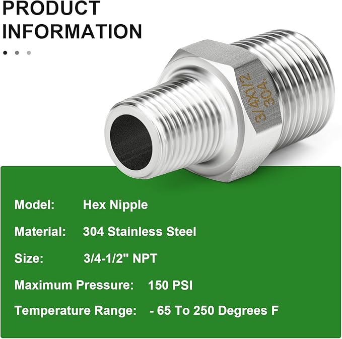 TAISHER 5PCS 304 Stainless Steel New Hex Nipple, 3/4" NPT Male x 1/2" NPT Male, Reducing Pipe Adapter Fitting