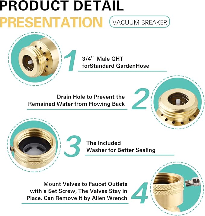 2-Pack 3/4 Inch GHT Backflow Preventer for Garden Hose, Brass Vacuum Breaker Outside Faucet, Anti-Siphon Valve Hose Bib, Garden Hose Check Valve, RV Vacuum Breaker Valve with Tape