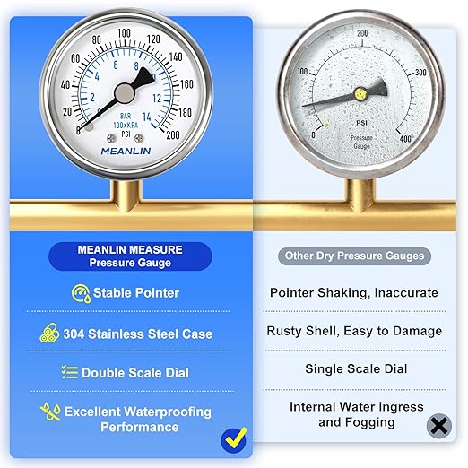 MEANLIN MEASURE 0~200Psi Dry Pressure Gauge Stainless Steel 1/4" NPT 2" FACE DIAL Waterproof for Air Compressor Air Regulator Water Filter Center Back Mount, with 1/2" NPT and 3/8" NPT Hex Bushing