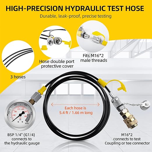 Hydraulic Pressure Test Kit with 4 Gauges (Max 10,000 PSI), 10 Test Couplings, 3 Test Hoses, Hydraulic Gauge Tester Set for Excavators, Construction Machinery, and Mining.