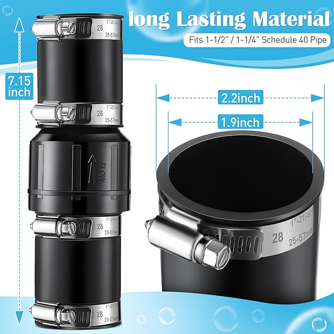 2 Pack Sump Pump Check Valve Fit 1-1/2 inch and 1-1/4 inch Pipe, Check Valve with 4 Pcs Stainless Steel Hose Clamps for Sump Pump Life Expectancy Increase